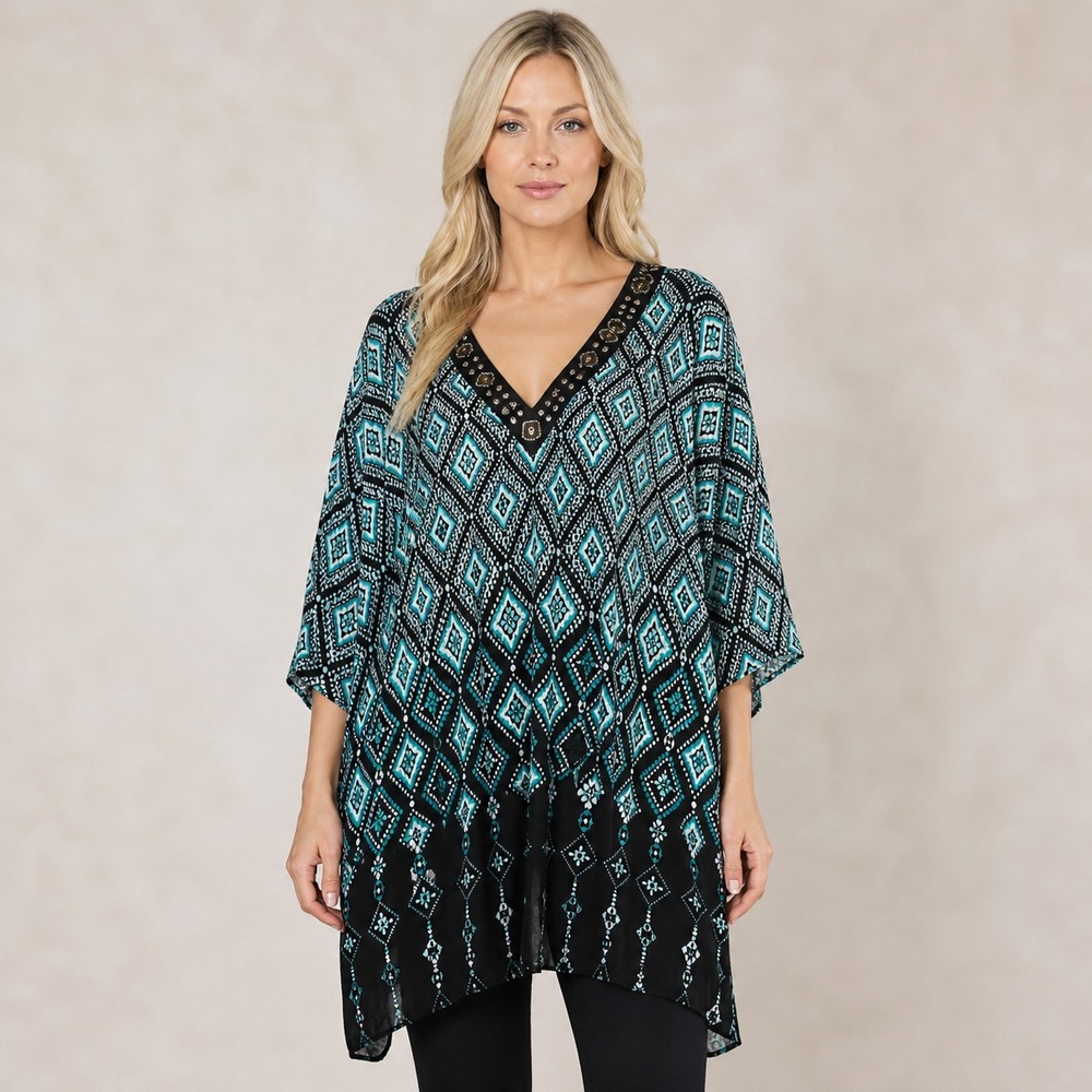 Catherines Ethereal Drapey Embellished Beaded Geometric Print‎ Top SZ *Plus Size